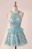 Lake Blue A-Line Corset Sequins Ruffled Party Dress with Lace Up Back