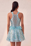 Lake Blue A-Line Corset Sequins Ruffled Party Dress with Lace Up Back