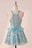 Lake Blue A-Line Corset Sequins Ruffled Party Dress with Lace Up Back