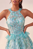 Lake Blue A-Line Corset Sequins Ruffled Party Dress with Lace Up Back