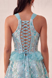 Lake Blue A-Line Corset Sequins Ruffled Party Dress with Lace Up Back