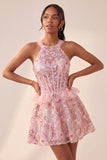 Lake Blue A-Line Corset Sequins Ruffled Party Dress with Lace Up Back