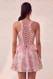 Lake Blue A-Line Corset Sequins Ruffled Party Dress with Lace Up Back