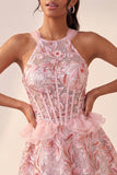 Lake Blue A-Line Corset Sequins Ruffled Party Dress with Lace Up Back