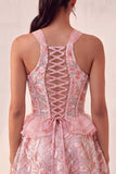 Lake Blue A-Line Corset Sequins Ruffled Party Dress with Lace Up Back