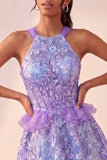 Lake Blue A-Line Corset Sequins Ruffled Party Dress with Lace Up Back