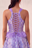Lake Blue A-Line Corset Sequins Ruffled Party Dress with Lace Up Back
