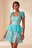 Pink Sequins A-Line Ruffled Lace Up Back Bowed Straps Cocktail Dress with Slit