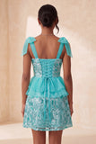 Pink Sequins A-Line Ruffled Lace Up Back Bowed Straps Cocktail Dress with Slit