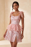 Pink Sequins A-Line Ruffled Lace Up Back Bowed Straps Cocktail Dress with Slit