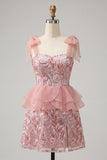 Pink Sequins A-Line Ruffled Lace Up Back Bowed Straps Cocktail Dress with Slit