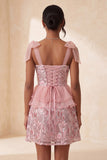 Pink Sequins A-Line Ruffled Lace Up Back Bowed Straps Cocktail Dress with Slit