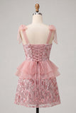 Pink Sequins A-Line Ruffled Lace Up Back Bowed Straps Cocktail Dress with Slit