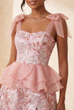 Pink Sequins A-Line Ruffled Lace Up Back Bowed Straps Cocktail Dress with Slit