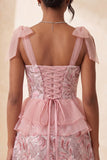 Pink Sequins A-Line Ruffled Lace Up Back Bowed Straps Cocktail Dress with Slit