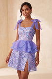 Pink Sequins A-Line Ruffled Lace Up Back Bowed Straps Cocktail Dress with Slit