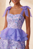 Pink Sequins A-Line Ruffled Lace Up Back Bowed Straps Cocktail Dress with Slit