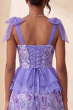 Pink Sequins A-Line Ruffled Lace Up Back Bowed Straps Cocktail Dress with Slit