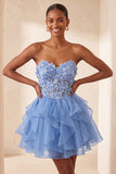 Sweetheart A-Line Sheer Corset Ruffled Sky Blue Party Dress