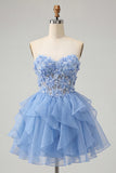 Sweetheart A-Line Sheer Corset Ruffled Sky Blue Party Dress
