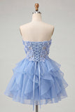 Sweetheart A-Line Sheer Corset Ruffled Sky Blue Party Dress