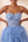 Sweetheart A-Line Sheer Corset Ruffled Sky Blue Party Dress