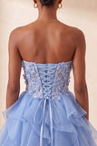 Sweetheart A-Line Sheer Corset Ruffled Sky Blue Party Dress