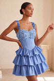 Light Purple Corset A-Line Tiered Floral Cocktail Dress with Beading