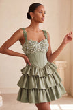 Light Purple Corset A-Line Tiered Floral Cocktail Dress with Beading