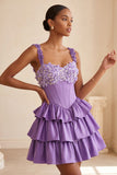 Light Purple Corset A-Line Tiered Floral Cocktail Dress with Beading