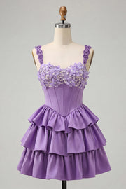 Light Purple Corset A-Line Tiered Floral Cocktail Dress with Beading