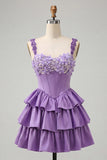 Light Purple Corset A-Line Tiered Floral Cocktail Dress with Beading