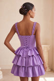 Light Purple Corset A-Line Tiered Floral Cocktail Dress with Beading