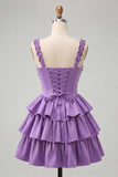 Light Purple Corset A-Line Tiered Floral Cocktail Dress with Beading