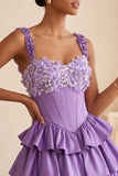 Light Purple Corset A-Line Tiered Floral Cocktail Dress with Beading