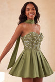 Olive Sweetheart A-Line 3D Flowers Cocktail Dress with Neck Scarf