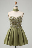 Olive Sweetheart A-Line 3D Flowers Cocktail Dress with Neck Scarf