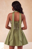 Olive Sweetheart A-Line 3D Flowers Cocktail Dress with Neck Scarf