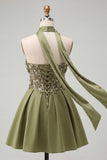 Olive Sweetheart A-Line 3D Flowers Cocktail Dress with Neck Scarf