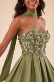 Olive Sweetheart A-Line 3D Flowers Cocktail Dress with Neck Scarf