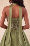 Olive Sweetheart A-Line 3D Flowers Cocktail Dress with Neck Scarf