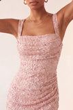 Sky Blue Bodycon Square Neck Sequin Party Dress with Slit