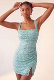 Sky Blue Bodycon Square Neck Sequin Party Dress with Slit