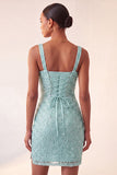 Sky Blue Bodycon Square Neck Sequin Party Dress with Slit