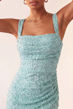 Sky Blue Bodycon Square Neck Sequin Party Dress with Slit