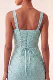 Sky Blue Bodycon Square Neck Sequin Party Dress with Slit