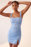 Sky Blue Bodycon Square Neck Sequin Party Dress with Slit