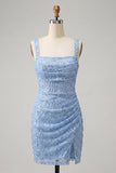 Sky Blue Bodycon Square Neck Sequin Party Dress with Slit