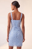 Sky Blue Bodycon Square Neck Sequin Party Dress with Slit