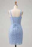 Sky Blue Bodycon Square Neck Sequin Party Dress with Slit